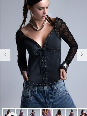 Miss Me Black Lace-Up Long Sleeve Top with Eyelet Trim